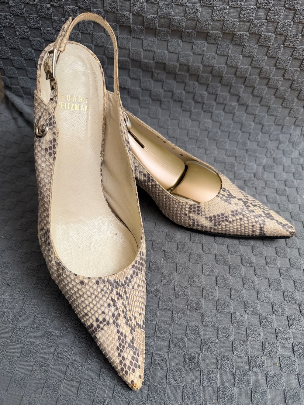 Stuart Weitzman Taupe Snake-Print Pointed Slingback Heels